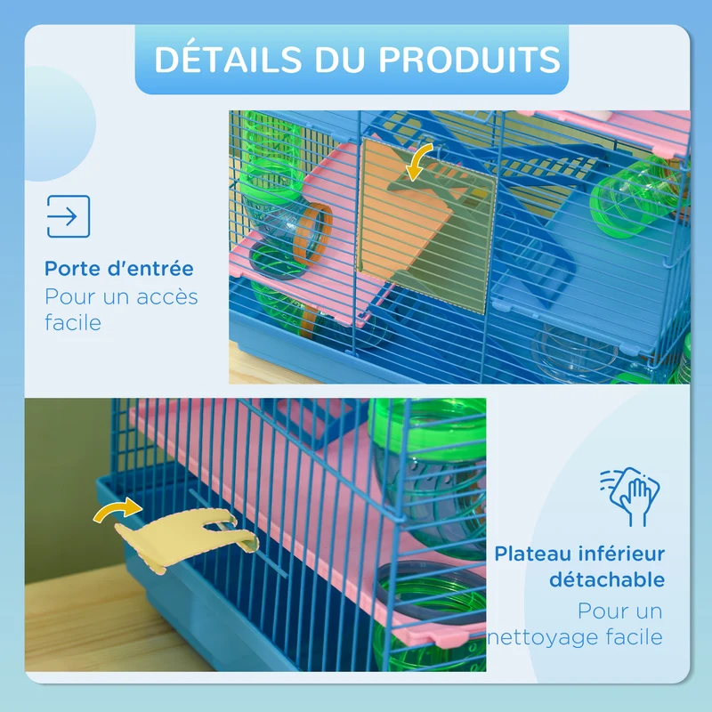 Cage pour petits rongeurs habitat jeu 47 x 30 x 59 cm accessoires 2 étages roue escalier style contemporain en métal bleu 21_0007907