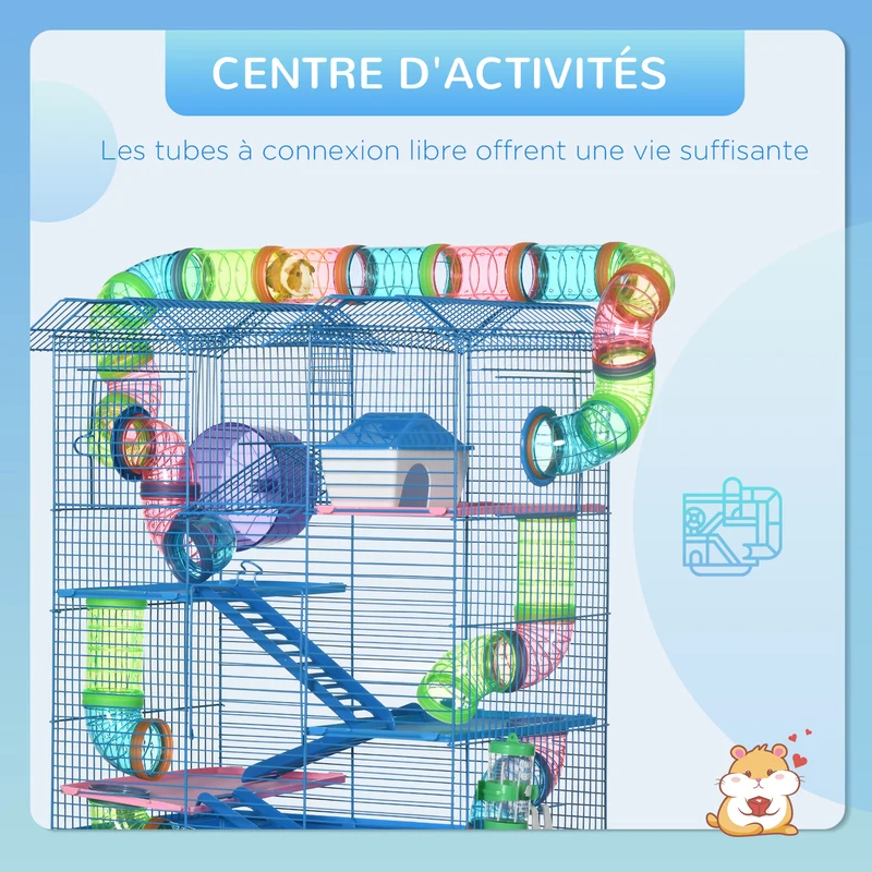 Cage pour petits rongeurs habitat jeu 47 x 30 x 59 cm accessoires 2 étages roue escalier style contemporain en métal bleu 21_0007907