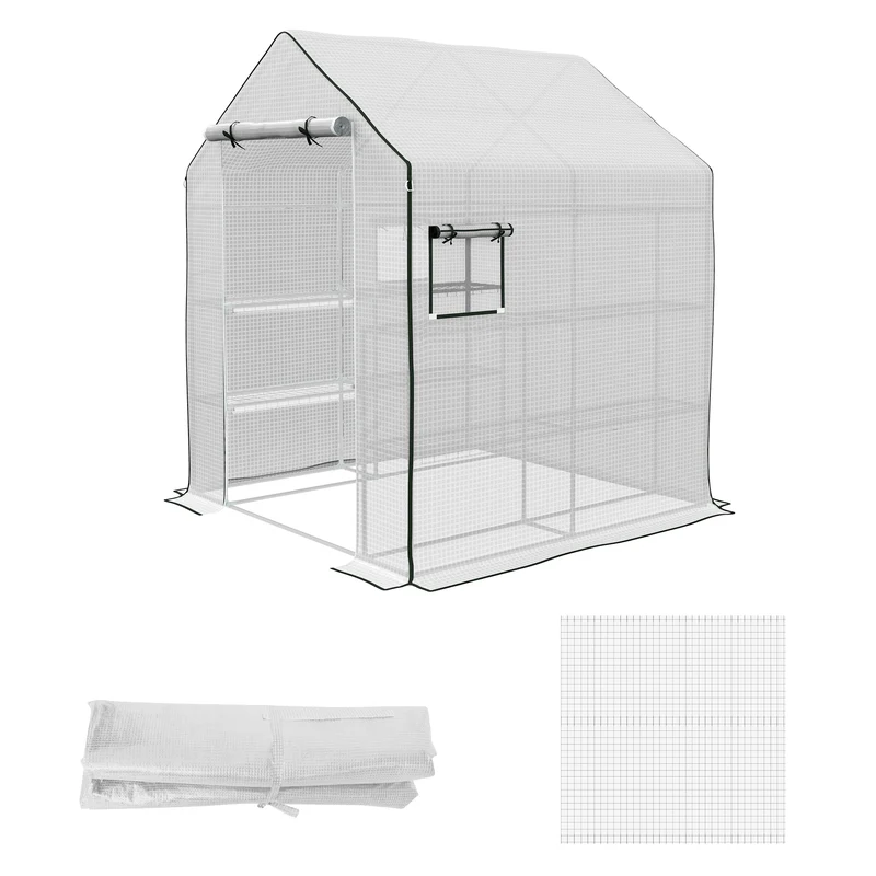 Bâche de serre de jardin 140 x 143 x 190 cm anti-uv porte enroulable zippée scandinave minimaliste en polyéthylène blanc 21_0004354