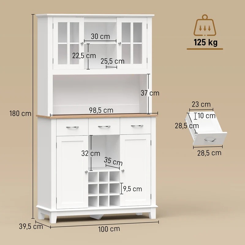 Buffet haut de cuisine 100 x 39,5 x 180 cm rangement porte-bouteilles éclairage led multicolore design en MDF blanc 21_0003396