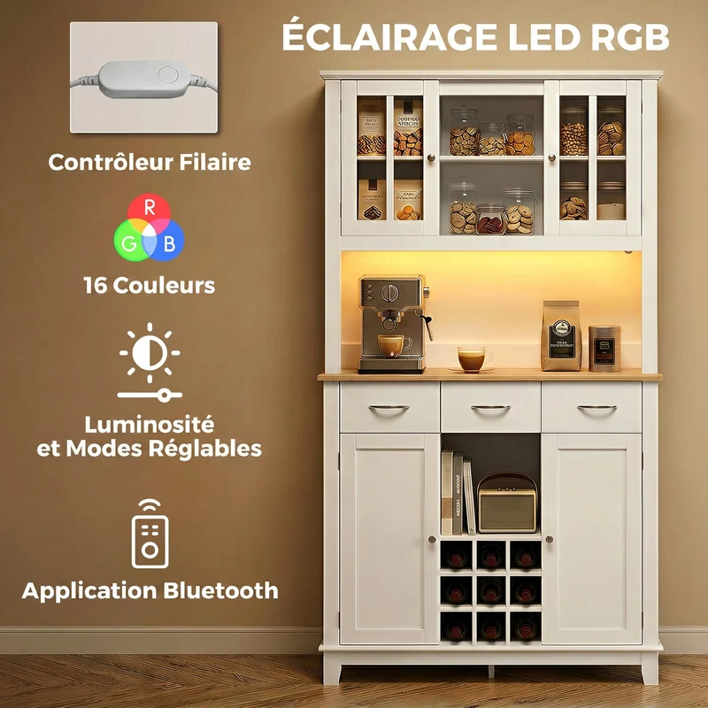 Buffet haut de cuisine 100 x 39,5 x 180 cm rangement porte-bouteilles éclairage led multicolore design en MDF blanc 21_0003396