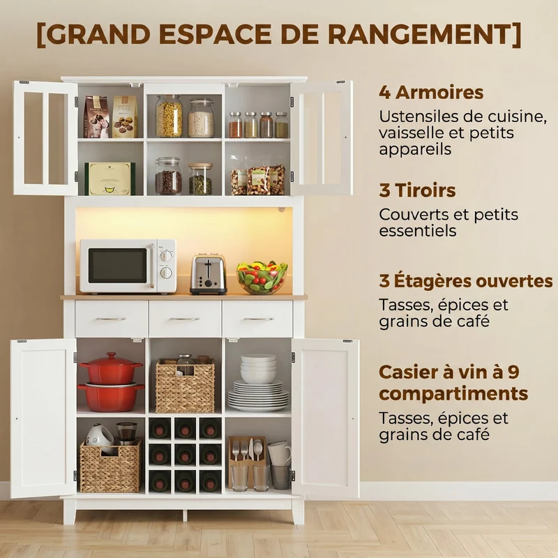 Buffet haut de cuisine 100 x 39,5 x 180 cm rangement porte-bouteilles éclairage led multicolore design en MDF blanc 21_0003396