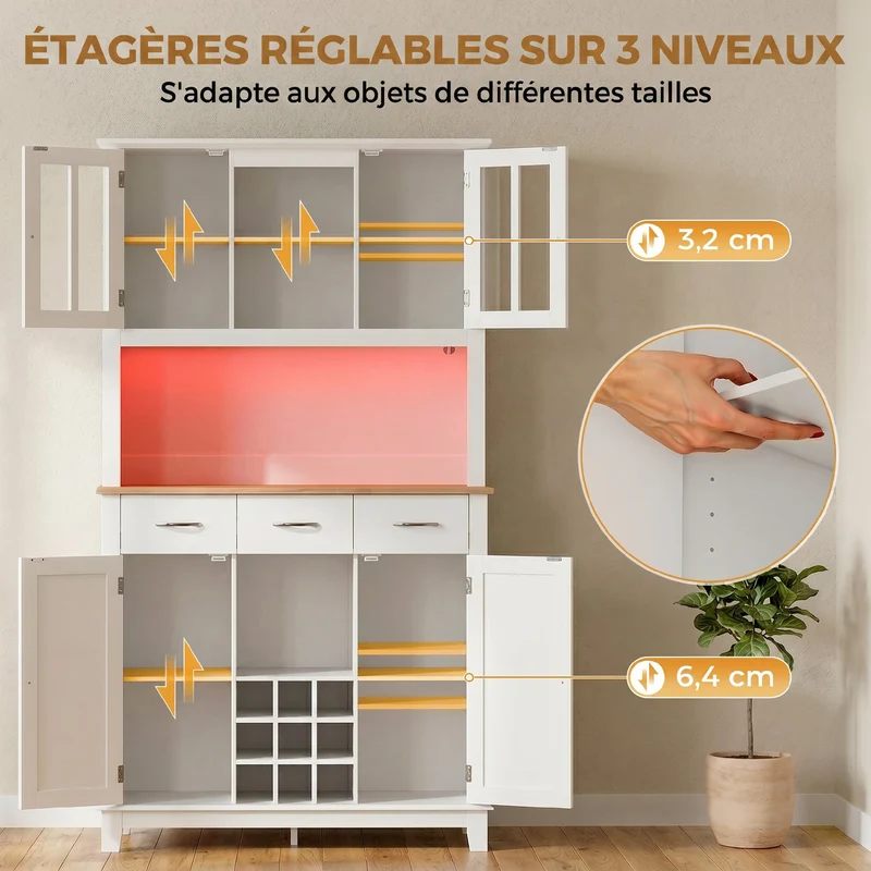 Buffet haut de cuisine 100 x 39,5 x 180 cm rangement porte-bouteilles éclairage led multicolore design en MDF blanc 21_0003396