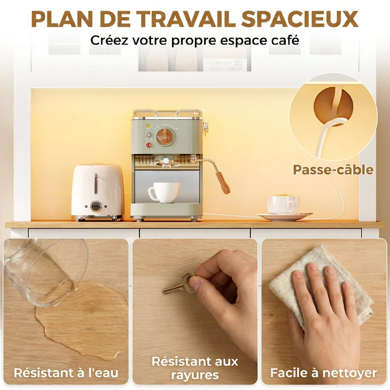 Buffet haut de cuisine 100 x 39,5 x 180 cm rangement porte-bouteilles éclairage led multicolore design en MDF blanc 21_0003396