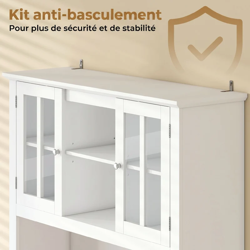 Buffet haut de cuisine 100 x 39,5 x 180 cm rangement porte-bouteilles éclairage led multicolore design en MDF blanc 21_0003396