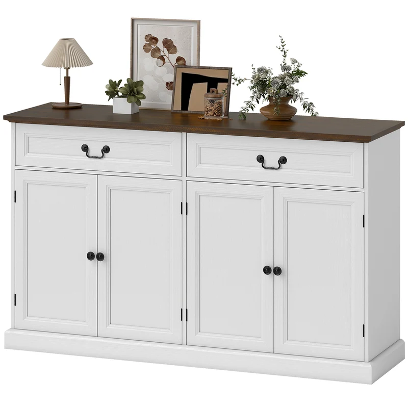 Buffet de salon rangement 140 x 40 x 85 cm tiroirs silencieux étagères réglables style rustique classique en MDF blanc 21_0003550