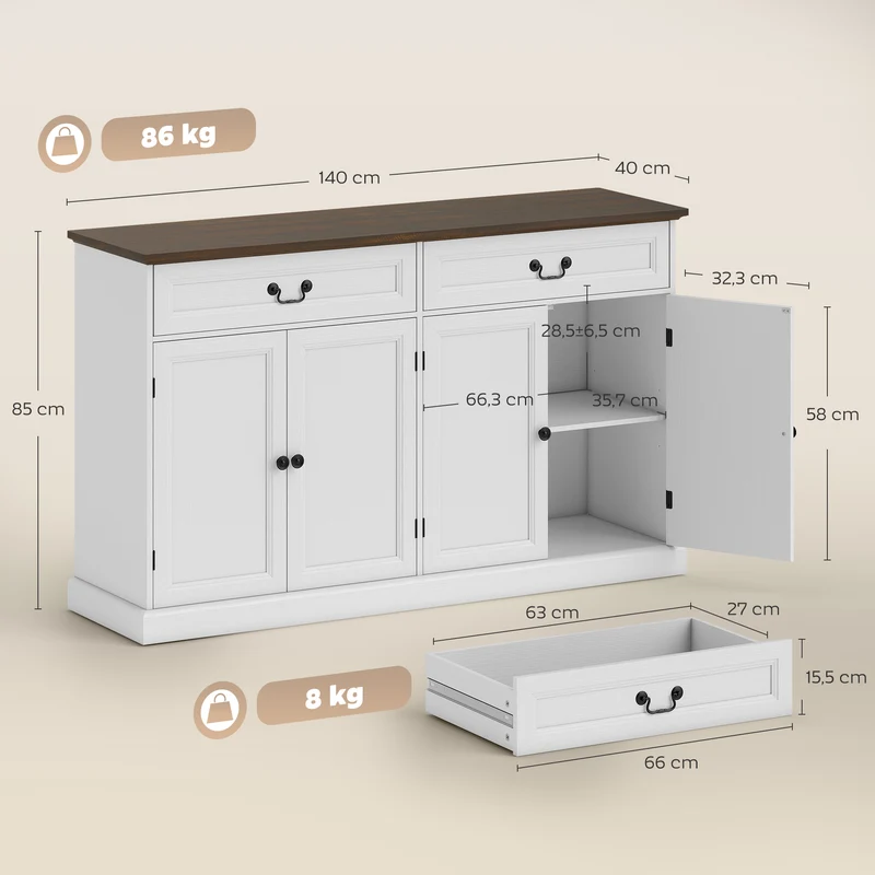 Buffet de salon rangement 140 x 40 x 85 cm tiroirs silencieux étagères réglables style rustique classique en MDF blanc 21_0003550