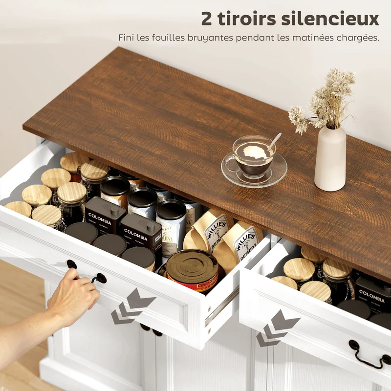 Buffet de salon rangement 140 x 40 x 85 cm tiroirs silencieux étagères réglables style rustique classique en MDF blanc 21_0003550