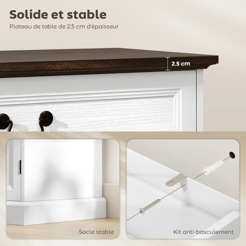 Buffet de salon rangement 140 x 40 x 85 cm tiroirs silencieux étagères réglables style rustique classique en MDF blanc 21_0003550