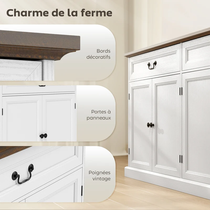 Buffet de salon rangement 140 x 40 x 85 cm tiroirs silencieux étagères réglables style rustique classique en MDF blanc 21_0003550