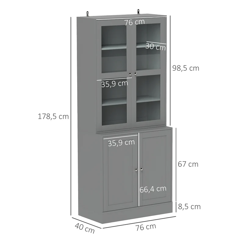 Bibliothèque vitrine salon 76 x 40 x 178,5 cm étagères réglables sangles anti-basculement contemporain épuré en MDF gris 21_0002478