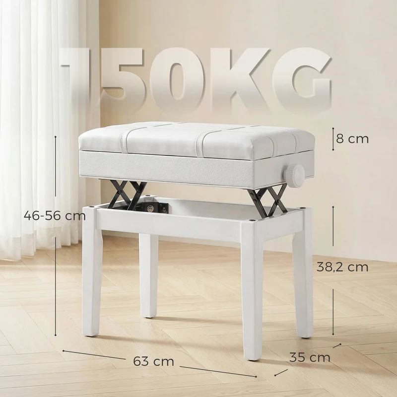 Banquette de piano pour salon 63 x 35 x 46-56 cm hauteur réglable coffre intégré design contemporain cosy en bois blanc 21_0008048