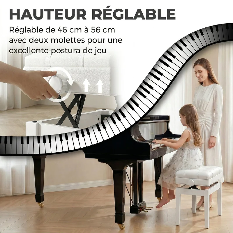 Banquette de piano pour salon 63 x 35 x 46-56 cm hauteur réglable coffre intégré design contemporain cosy en bois blanc 21_0008048