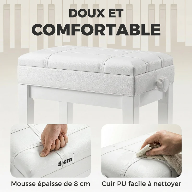 Banquette de piano pour salon 63 x 35 x 46-56 cm hauteur réglable coffre intégré design contemporain cosy en bois blanc 21_0008048