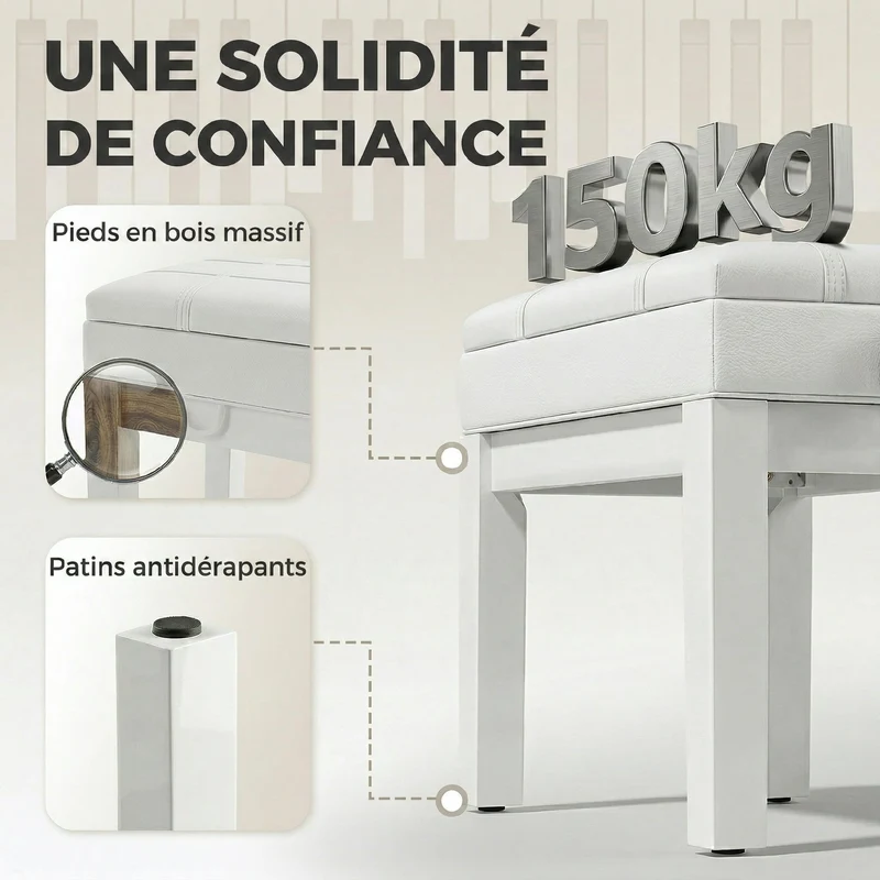 Banquette de piano pour salon 63 x 35 x 46-56 cm hauteur réglable coffre intégré design contemporain cosy en bois blanc 21_0008048