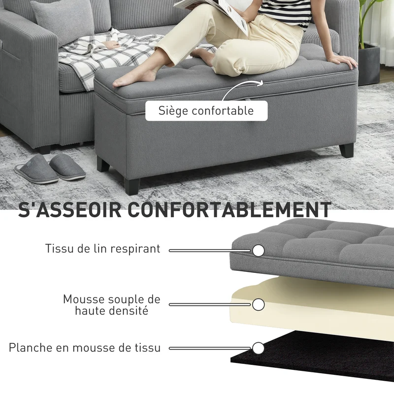 Banc de rangement bout de lit 120 x 40 x 48 cm coffre 112 l et assise capitonnée moderne scandinave en lin gris foncé 21_0002962