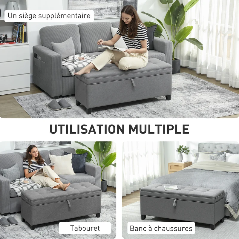 Banc de rangement bout de lit 120 x 40 x 48 cm coffre 112 l et assise capitonnée moderne scandinave en lin gris foncé 21_0002962