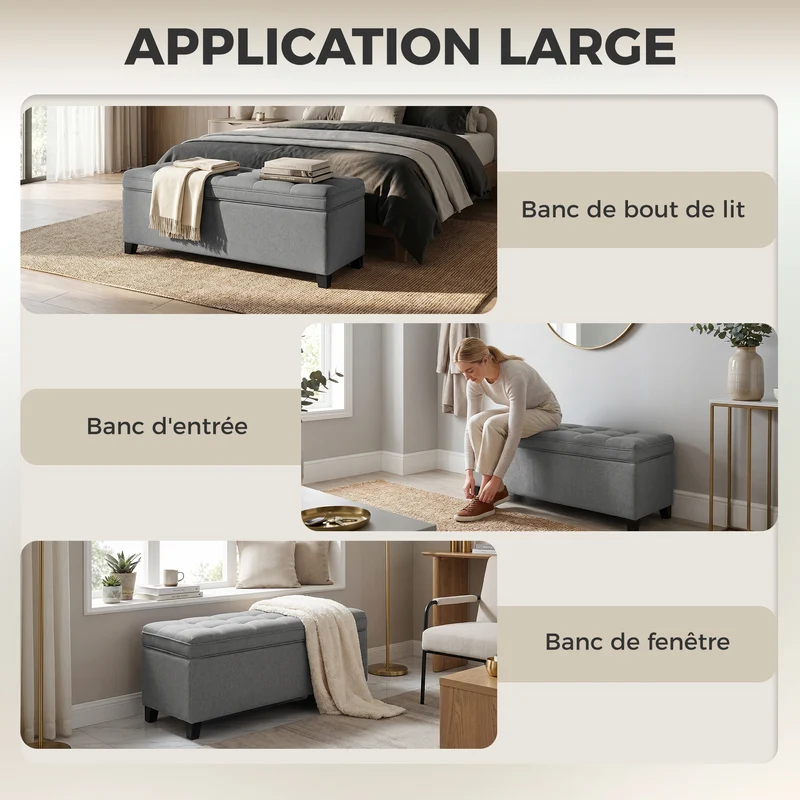 Banc de rangement bout de lit 120 x 40 x 48 cm coffre 112 l et assise capitonnée moderne scandinave en lin gris foncé 21_0002962