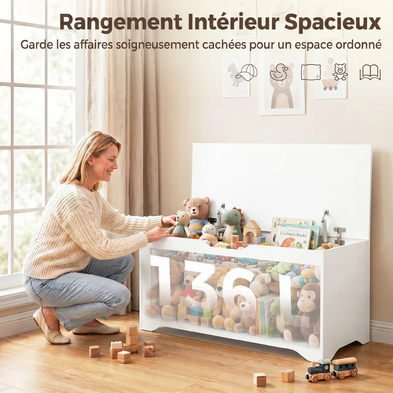 Banc coffre salon 100 x 40 x 45 cm capacité 136 L fermeture lente assise 100 kg épuré en panneaux de particules blanc 21_0002998
