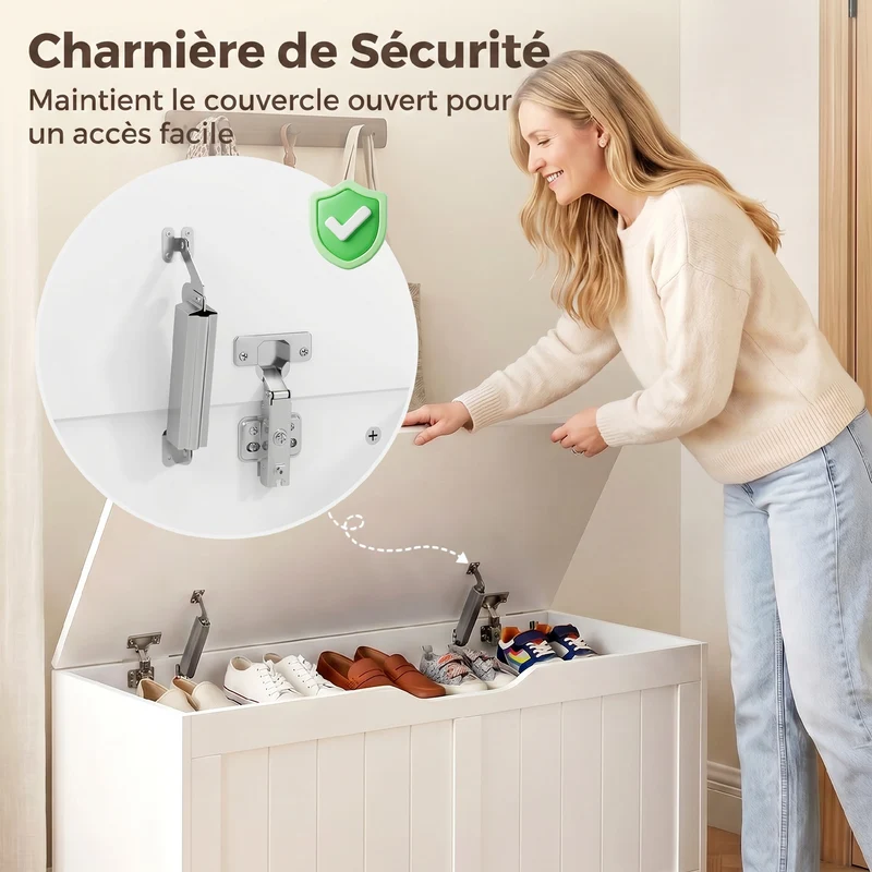 Banc coffre salon 100 x 40 x 45 cm capacité 136 L fermeture lente assise 100 kg épuré en panneaux de particules blanc 21_0002998