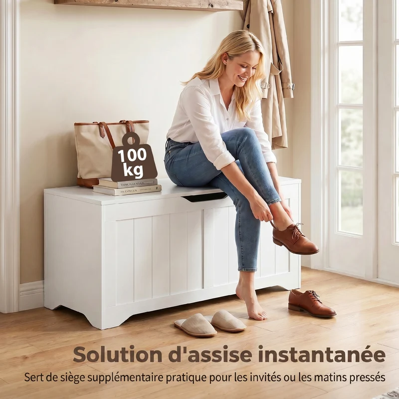 Banc coffre salon 100 x 40 x 45 cm capacité 136 L fermeture lente assise 100 kg épuré en panneaux de particules blanc 21_0002998