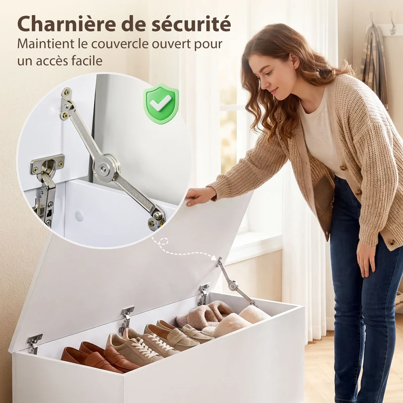 Banc coffre d'entrée 100 x 40 x 40 cm grand rangement utile assise 120 kg moderne épuré en panneaux de particules blanc 21_0001707