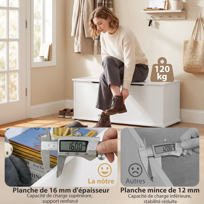 Banc coffre d'entrée 100 x 40 x 40 cm grand rangement utile assise 120 kg moderne épuré en panneaux de particules blanc 21_0001707