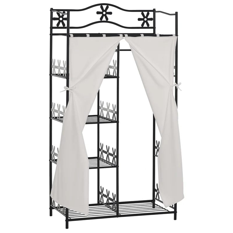 Armoire penderie multi rangements 84 x 42 x 159 cm barre de penderie 5 étagères motif floral décoratif en métal noir 21_0001414