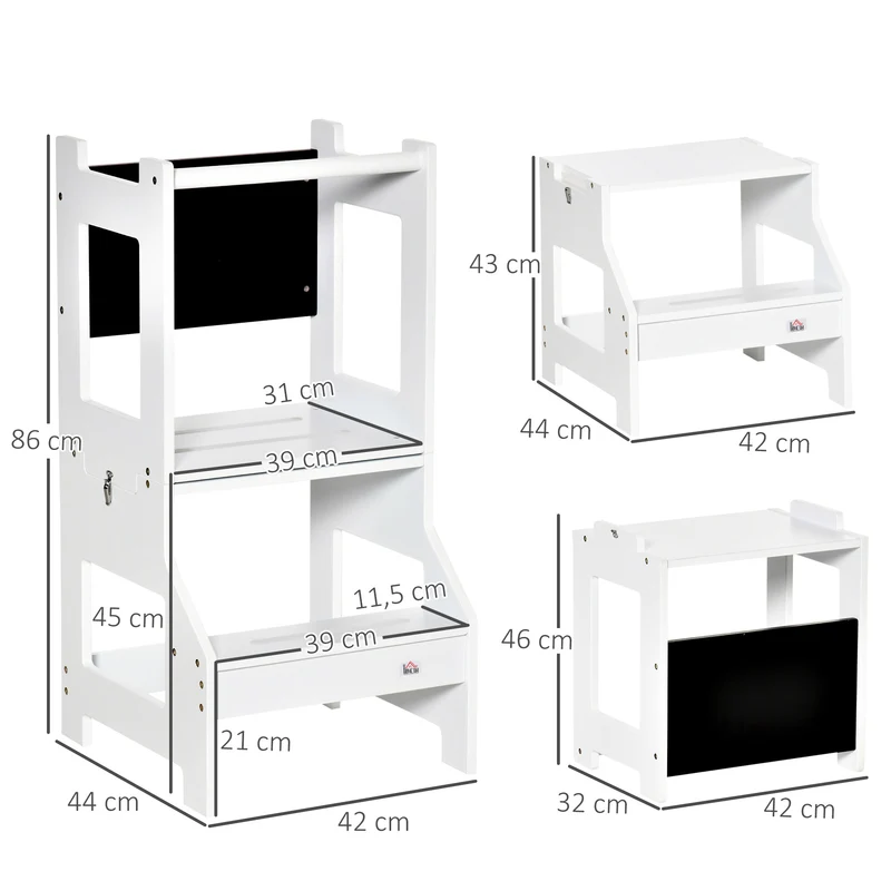 Tour d'apprentissage 3 en 1 42 x 44 x 86 cm tableau noir éducatif barre de sécurité style scandinave épuré en MDF blanc 21_0000190