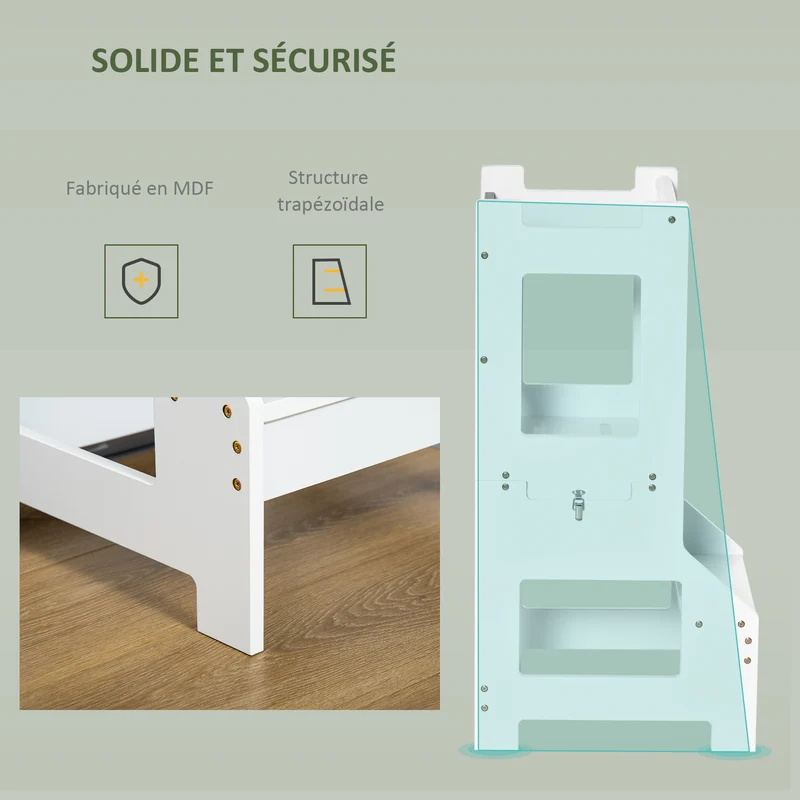 Tour d'apprentissage 3 en 1 42 x 44 x 86 cm tableau noir éducatif barre de sécurité style scandinave épuré en MDF blanc 21_0000190