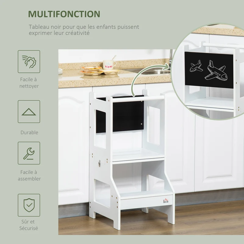 Tour d'apprentissage 3 en 1 42 x 44 x 86 cm tableau noir éducatif barre de sécurité style scandinave épuré en MDF blanc 21_0000190