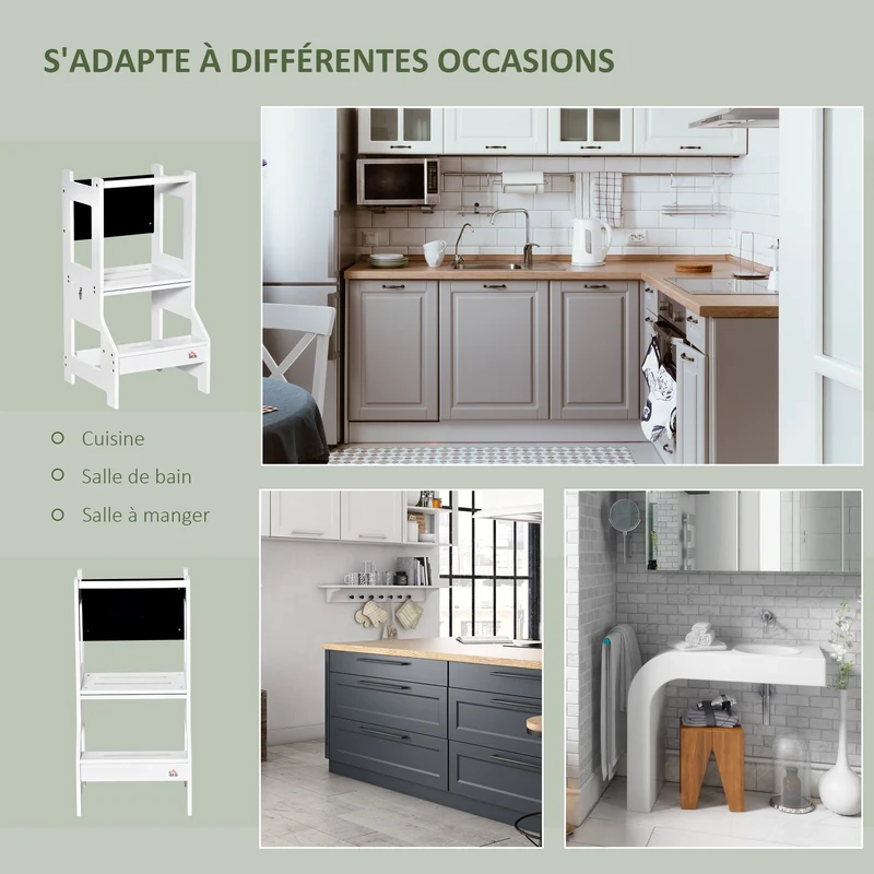Tour d'apprentissage 3 en 1 42 x 44 x 86 cm tableau noir éducatif barre de sécurité style scandinave épuré en MDF blanc 21_0000190