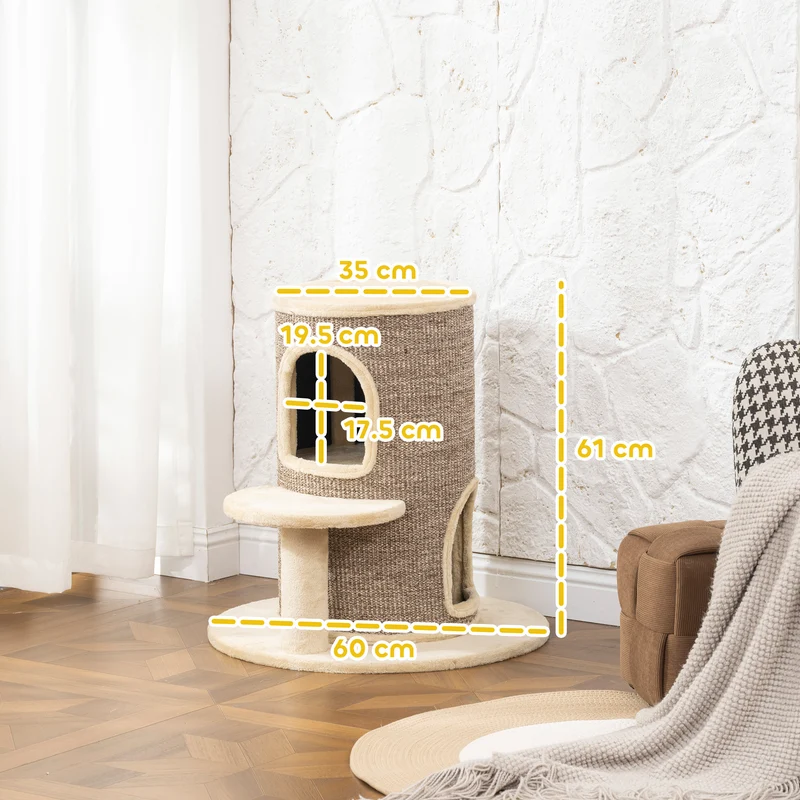 Tonneau griffoir pour chat 60 x 60 x 61 cm double refuge grattable plate-forme perchoir moderne épuré en sisal beige 21_0007746