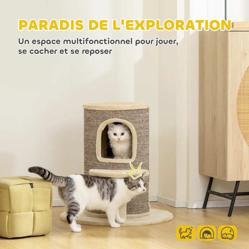 Tonneau griffoir pour chat 60 x 60 x 61 cm double refuge grattable plate-forme perchoir moderne épuré en sisal beige 21_0007746