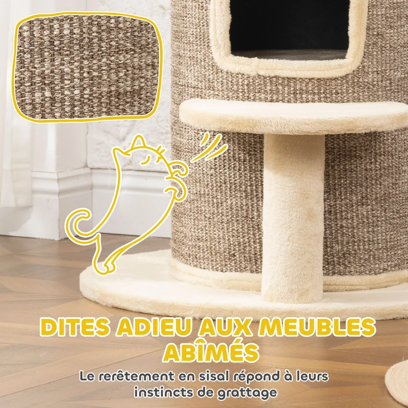Tonneau griffoir pour chat 60 x 60 x 61 cm double refuge grattable plate-forme perchoir moderne épuré en sisal beige 21_0007746
