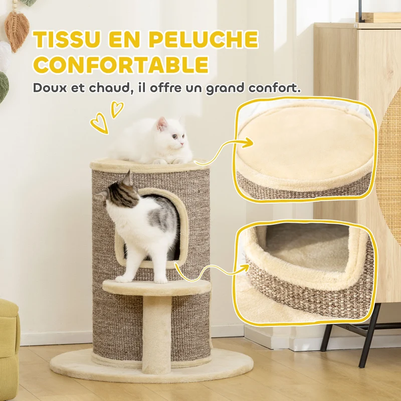 Tonneau griffoir pour chat 60 x 60 x 61 cm double refuge grattable plate-forme perchoir moderne épuré en sisal beige 21_0007746