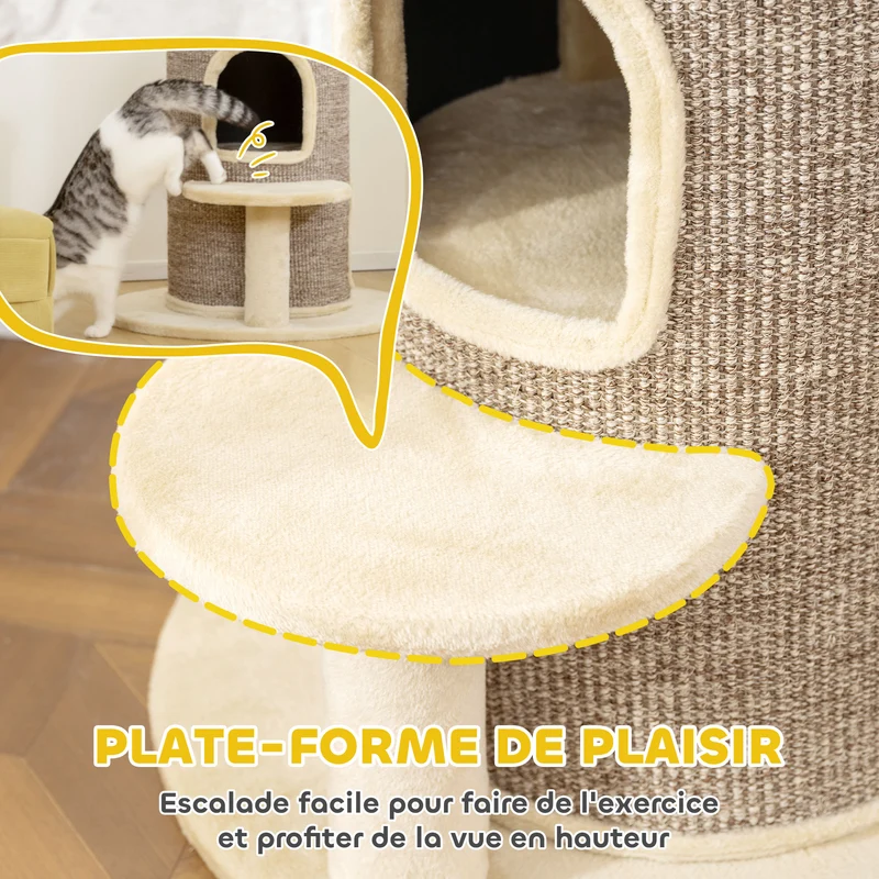 Tonneau griffoir pour chat 60 x 60 x 61 cm double refuge grattable plate-forme perchoir moderne épuré en sisal beige 21_0007746