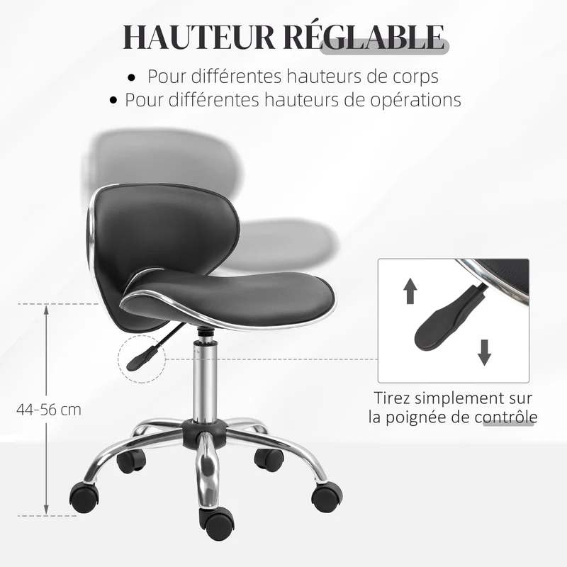 Tabouret de travail pivotant à roulettes pour salon 44 x 48 x 62-74 cm assise réglable ergonomique moderne en PU noir 21_0006148