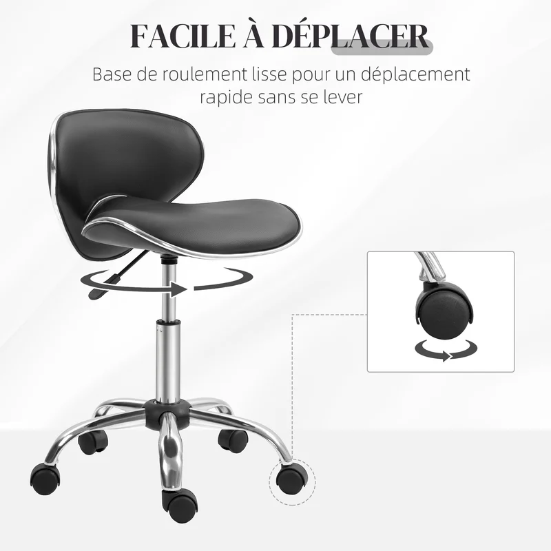 Tabouret de travail pivotant à roulettes pour salon 44 x 48 x 62-74 cm assise réglable ergonomique moderne en PU noir 21_0006148