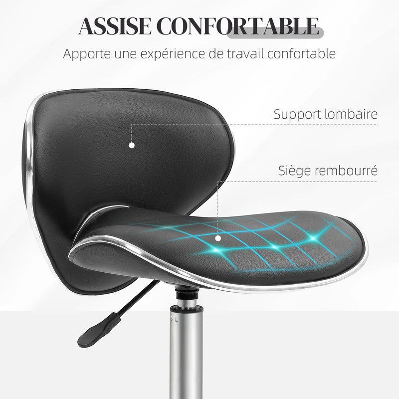 Tabouret de travail pivotant à roulettes pour salon 44 x 48 x 62-74 cm assise réglable ergonomique moderne en PU noir 21_0006148