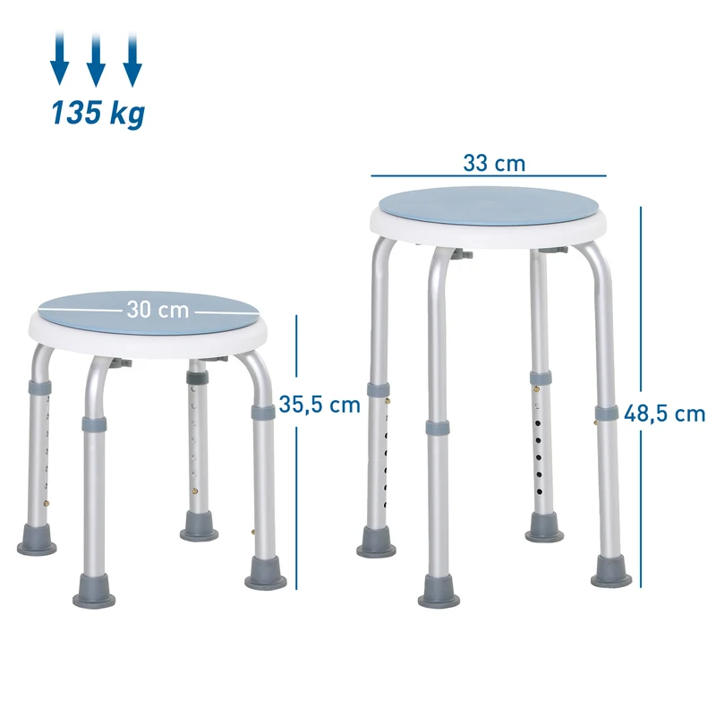 Tabouret de douche siège de bain réglable 33 x 35,5-48,5 cm antidérapant rotatif 360° sécurisé moderne en aluminium bleu 21_0000874
