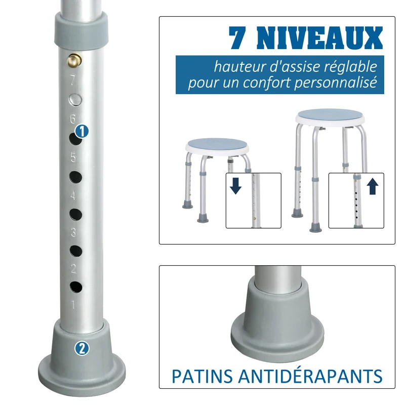 Tabouret de douche siège de bain réglable 33 x 35,5-48,5 cm antidérapant rotatif 360° sécurisé moderne en aluminium bleu 21_0000874