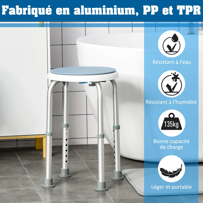 Tabouret de douche siège de bain réglable 33 x 35,5-48,5 cm antidérapant rotatif 360° sécurisé moderne en aluminium bleu 21_0000874