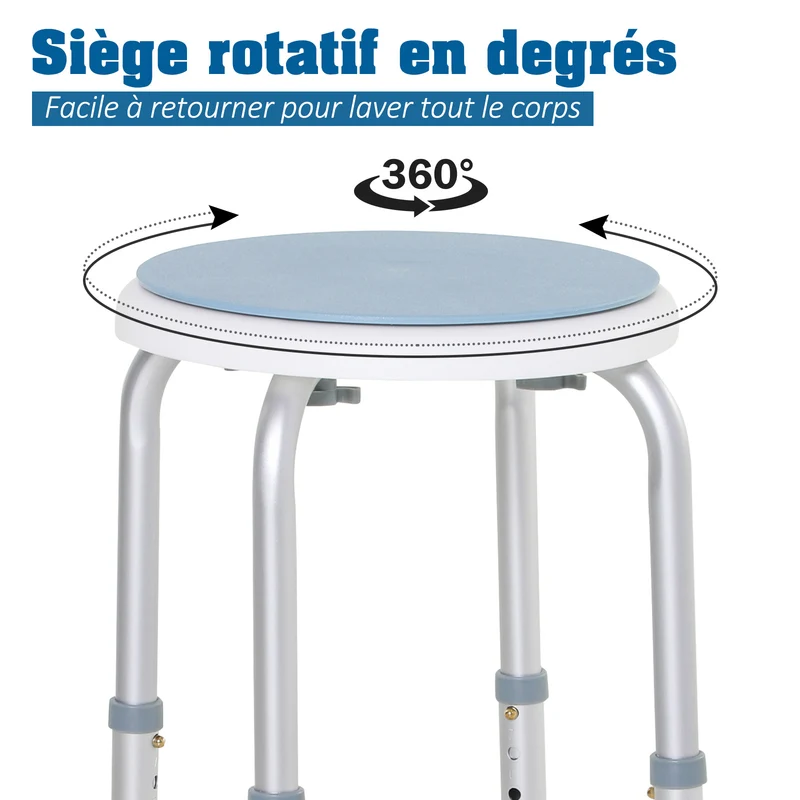 Tabouret de douche siège de bain réglable 33 x 35,5-48,5 cm antidérapant rotatif 360° sécurisé moderne en aluminium bleu 21_0000874