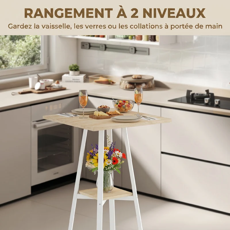 Table de bar carrée mange-debout 55 x 55 x 95 cm avec étagère utile pieds réglables moderne épuré en mélamine blanc 21_0003358