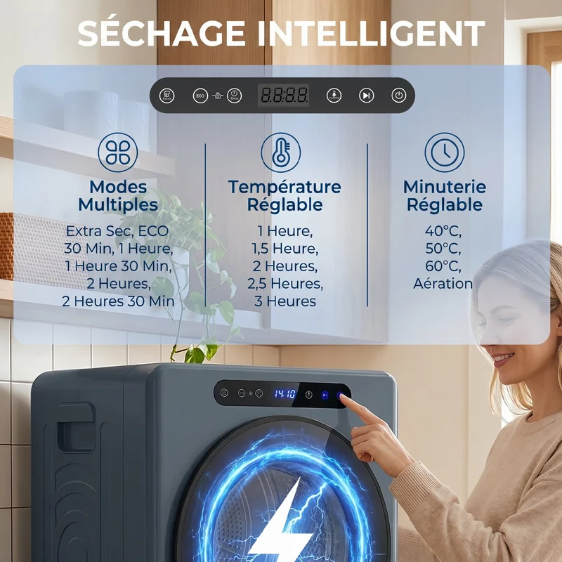 Sèche-linge à évacuation sur sol 49 x 43 x 61 cm séchage rapide anti-froissage moderne épuré en acier inoxydable bleu 21_0007091