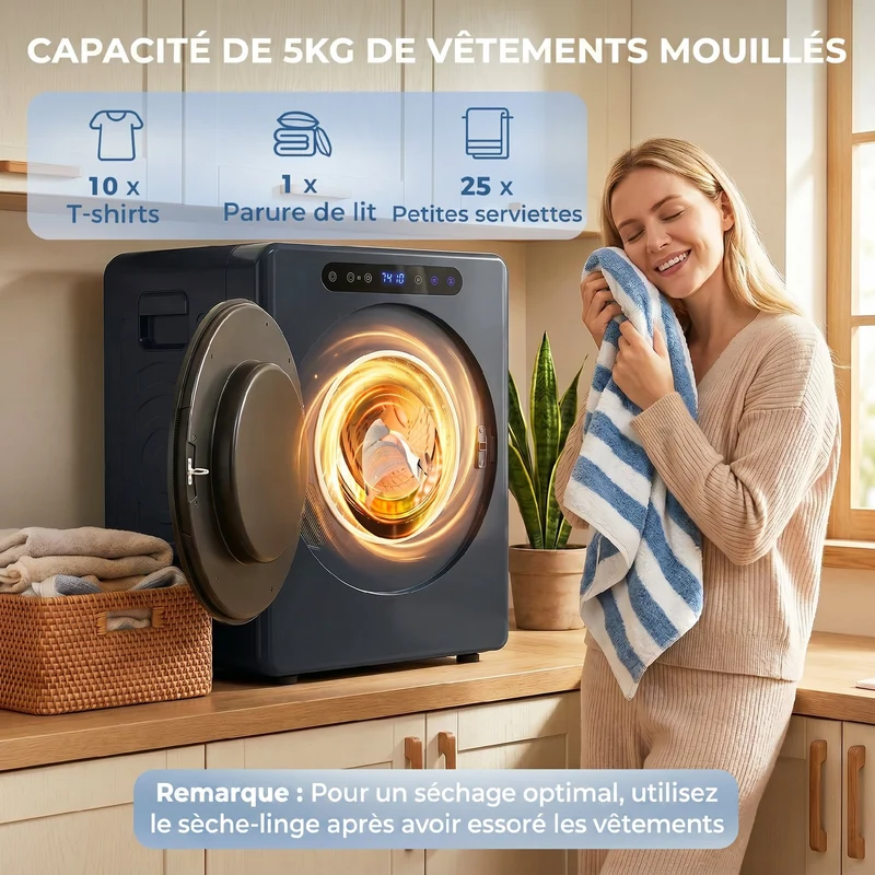 Sèche-linge à évacuation sur sol 49 x 43 x 61 cm séchage rapide anti-froissage moderne épuré en acier inoxydable bleu 21_0007091
