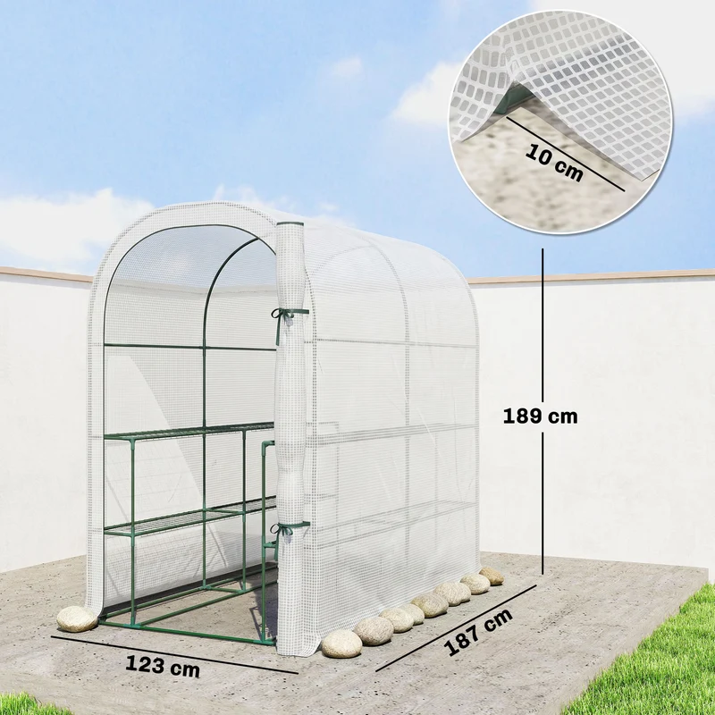 Serre de jardinage avec étagères 123 x 187 x 189 cm protection anti uv porte enroulable contemporain en acier blanc 21_0005591