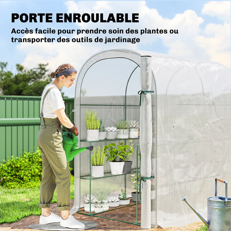 Serre de jardinage avec étagères 123 x 187 x 189 cm protection anti uv porte enroulable contemporain en acier blanc 21_0005591