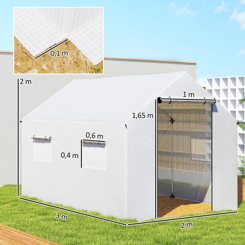 Serre de jardin tunnel 200 x 300 x 200 cm anti uv porte enroulable 4 fenêtres style contemporain en polyéthylène blanc 21_0005443